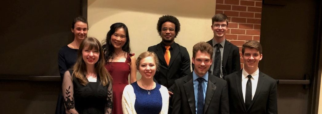 Melissa Lee (back row, second from left) was named first place winner in the recent Virginia Queen Piano Competition at Ouachita. She is pictured here with contestants (front row, left to right) Felicity Johnson, Anna Weyenberg, Logan Moore and Josh Conard and (back row) Isabel Dodds, Tyler Sanders and Sam Youmans. Youmans won second place, Johnson won third and Weyenberg earned honorable mention.