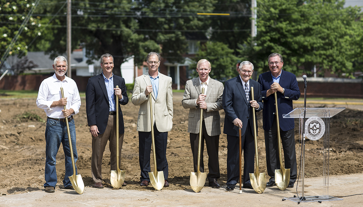 Ouachita Baptist University officials broke ground June 12 for the new Ben M. Elrod Center for Family and Community. Participating in the groundbreaking were (left to right) Irwin Seale of Seale Construction, general contractor for the project; Dr. Brett Powell, vice president for administrative services; Steve Elliott of Lewis Architects Engineers; Gene Whisenhunt, chairman of the OBU Board of Trustees; Dr. Ben Elrod, OBU chancellor and former president; and Ouachita President Rex Horne.