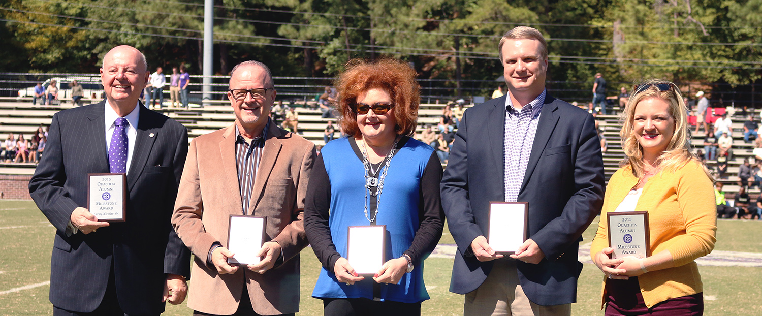 Ouachita’s 2015 Alumni Milestone Award recipients included (left to right): Larry Kircher, Larry Grayson, Mary Pat Anthony, Andrew Clark and Jessica Bubbus.