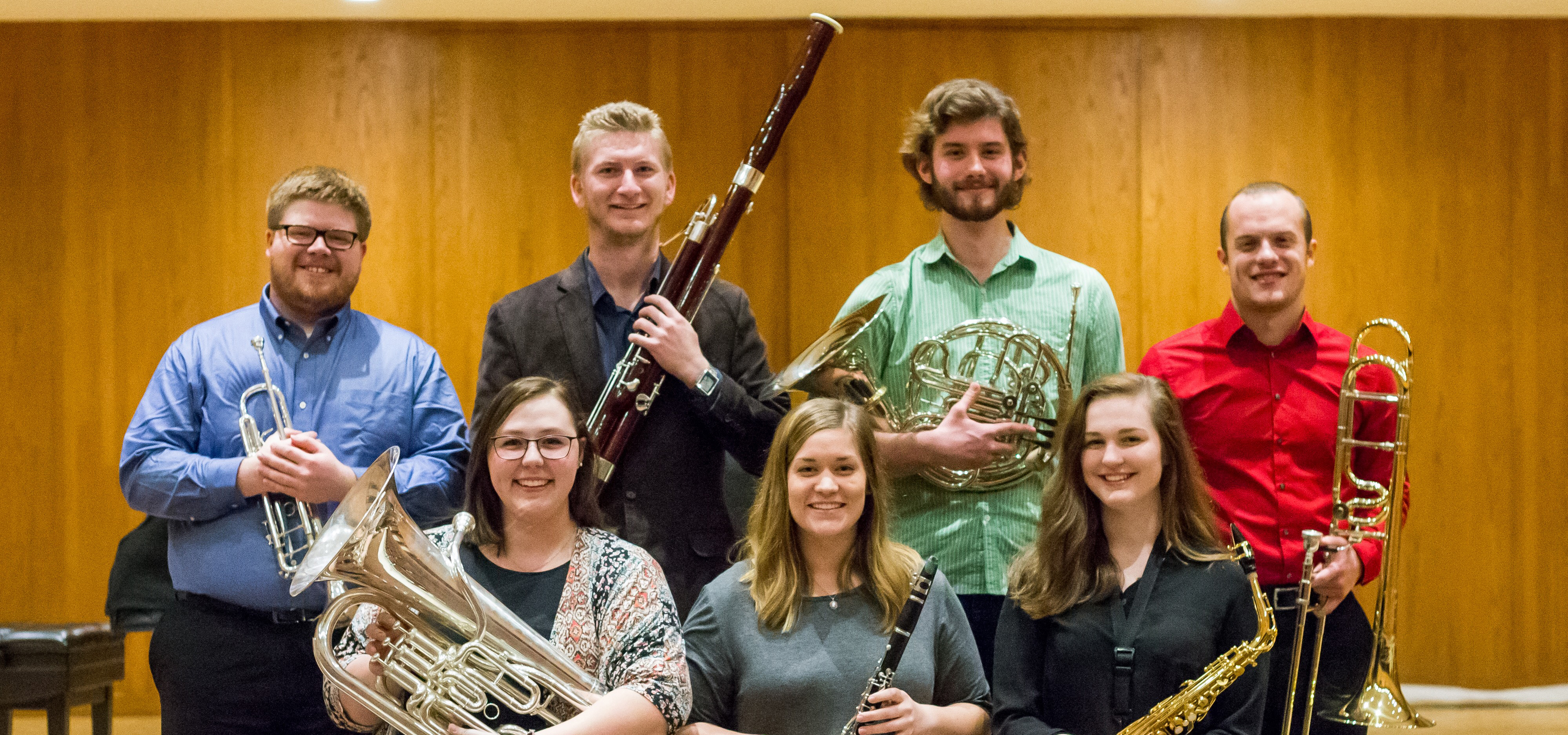 Seven Ouachita Baptist University students recently were selected for the 2017 Arkansas Intercollegiate Band, including: (top row from left) Blake Turner, Wes Savage, Seth Daniell, Jason Potts, (bottom row from left) Rachel Clifton, Ashley Lovely and Morgan Taylor.