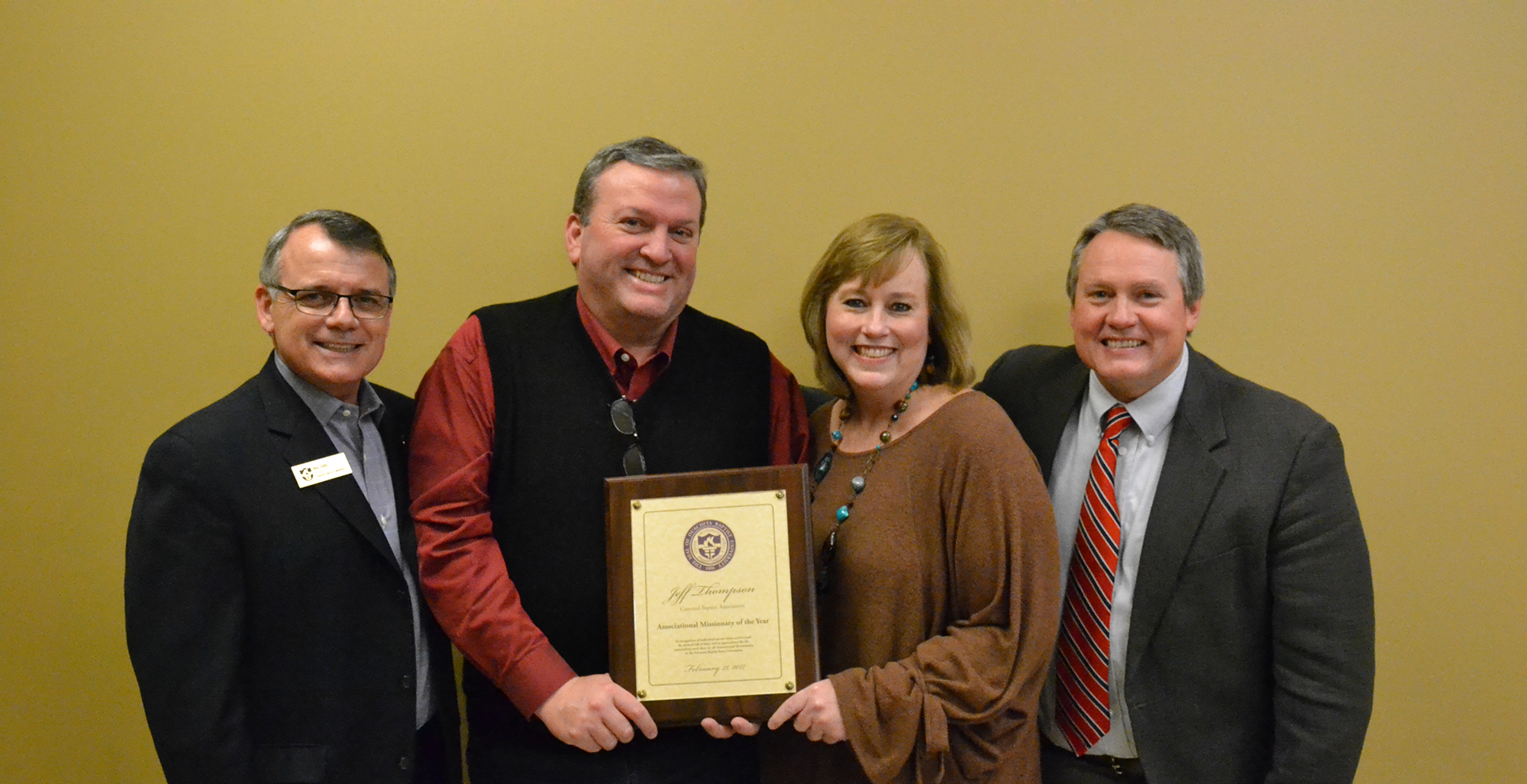 Dr. Jeff Thompson (second from left), associational missionary for Concord Baptist Association, was named the 2017 Associational Missionary of the Year. Dr. Ben Sells (left), president of Ouachita Baptist University, presented the award to Thompson. Also pictured are Thompson’s wife, Susie, and Dr. J.D. “Sonny” Tucker, executive director of the Arkansas Baptist State Convention.