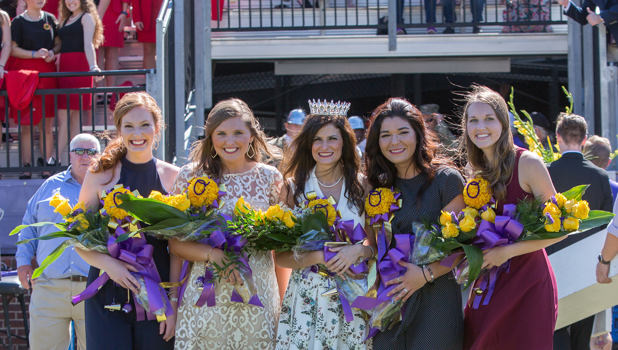 Ouachita’s 2017 Homecoming Queen, Hannah Bunch (center), gathers with members of the Homecoming Court (from left): Jessica McCauley, fourth runner-up; Haley Jo Wesson, second runner-up; JoBeth Guerra, first runner-up; and Madison Polk, third runner-up.