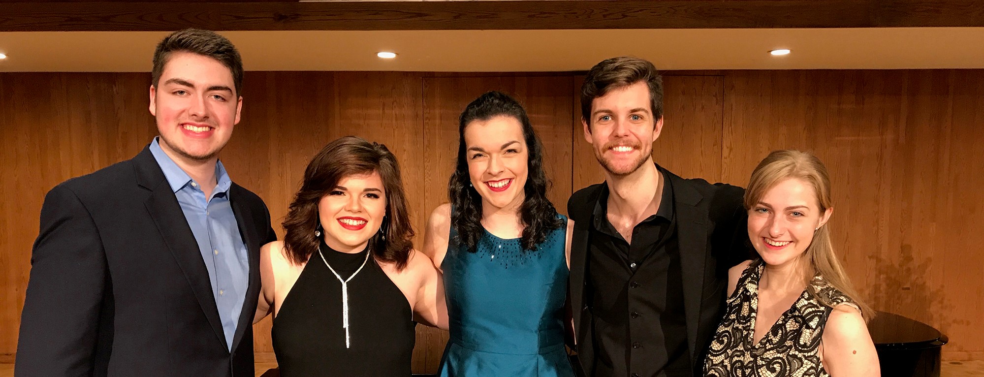 Clay Mobley (left), won first place in Ouachita’s 2018 Shambarger Competition for Singers. Other student winners included (from left): Lizzy Griffin, second place; Esther Atkinson, third place; Micah Brooks, fourth place; and Hannah Saunders, honorable mention.