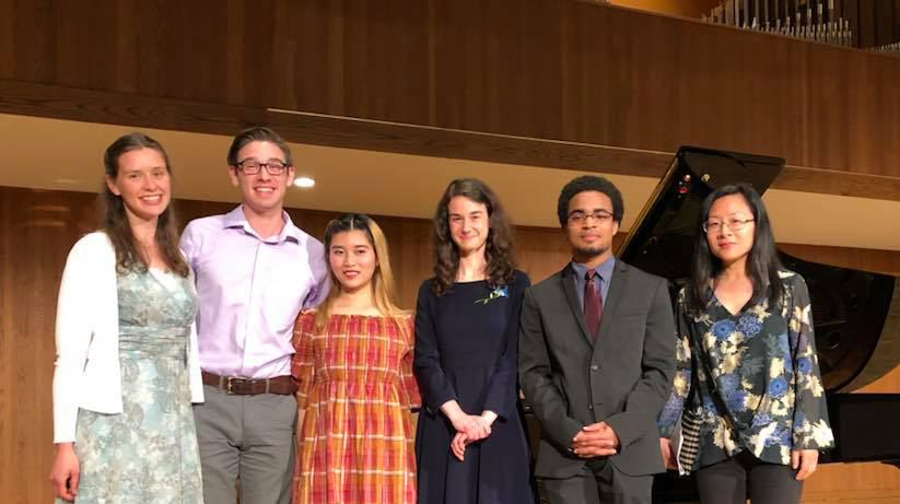 Dr. Shao Xiao Ling, judge for the 2018 Virginia Queen Piano Competition (far right), congratulates this year’s winners (from left): Elizabeth Anderson, honorable mention; Sean Carney, honorable mention; Zhanxiu Lu, third place; Isabelle Dodds, second place; and Tyler Sanders, first place.