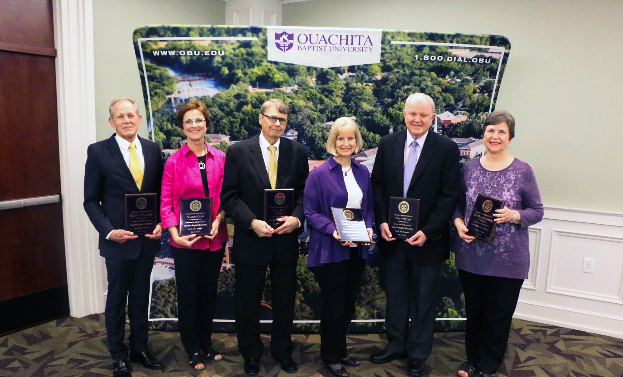 Ouachita’s 2017-2018 retirees include (from left): Dr. Scott Holsclaw, Sharon Cosh, Dr. Phil Rice, Shirley Hardin, Phil Hardin, Judy Hollingsworth and Luke Owens (not pictured).