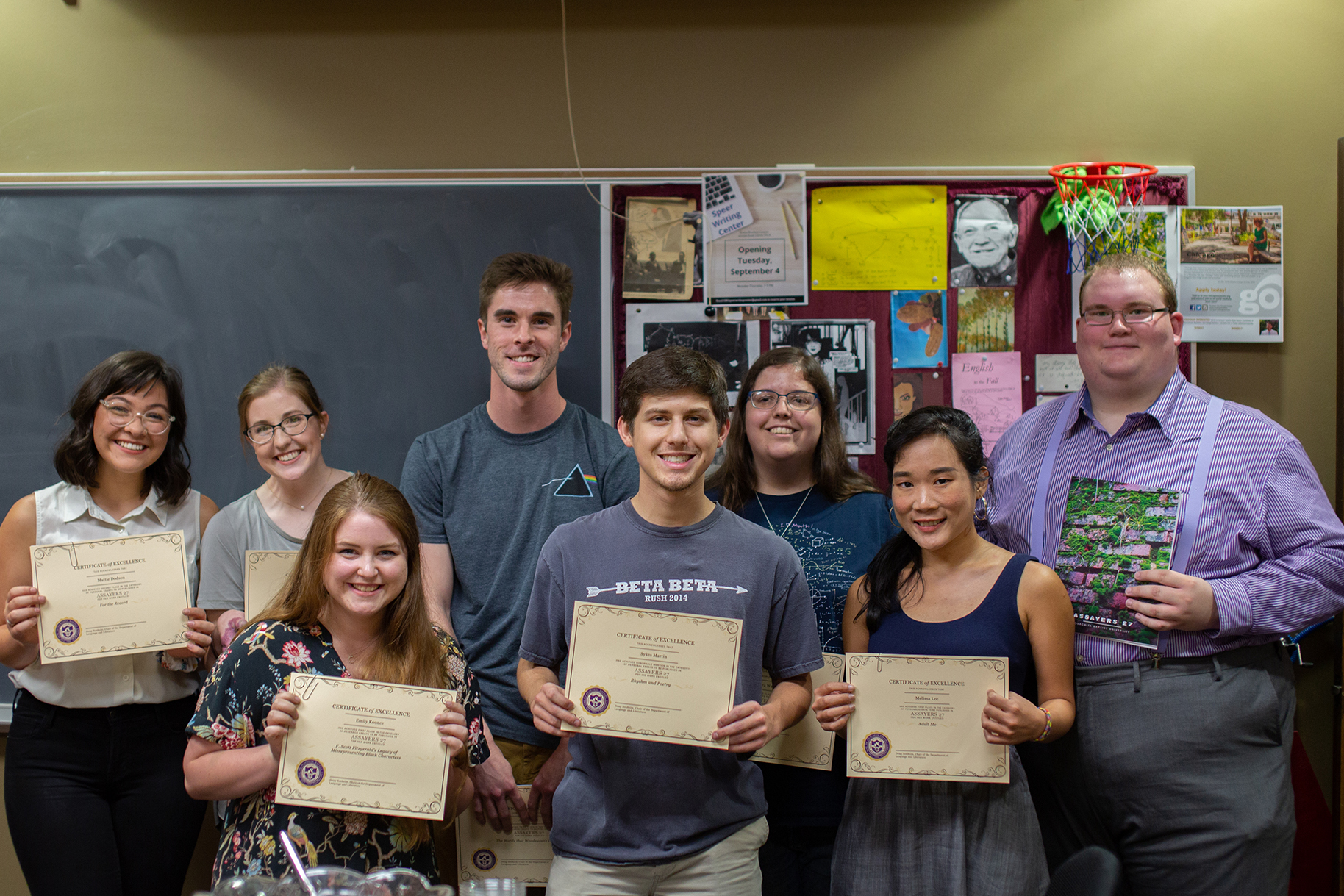 Students were recently honored for having their essays chosen for publication in Assayers 27 (from left): Mattie Dodson, Lindsey Johnson Edwards, Emily Koonce, Aaron East, Sykes Martin, Laura Ward and Melissa Lee. The chosen cover photo for the journal was by Duel Cunningham, at right. Not pictured is Morgan Howard.