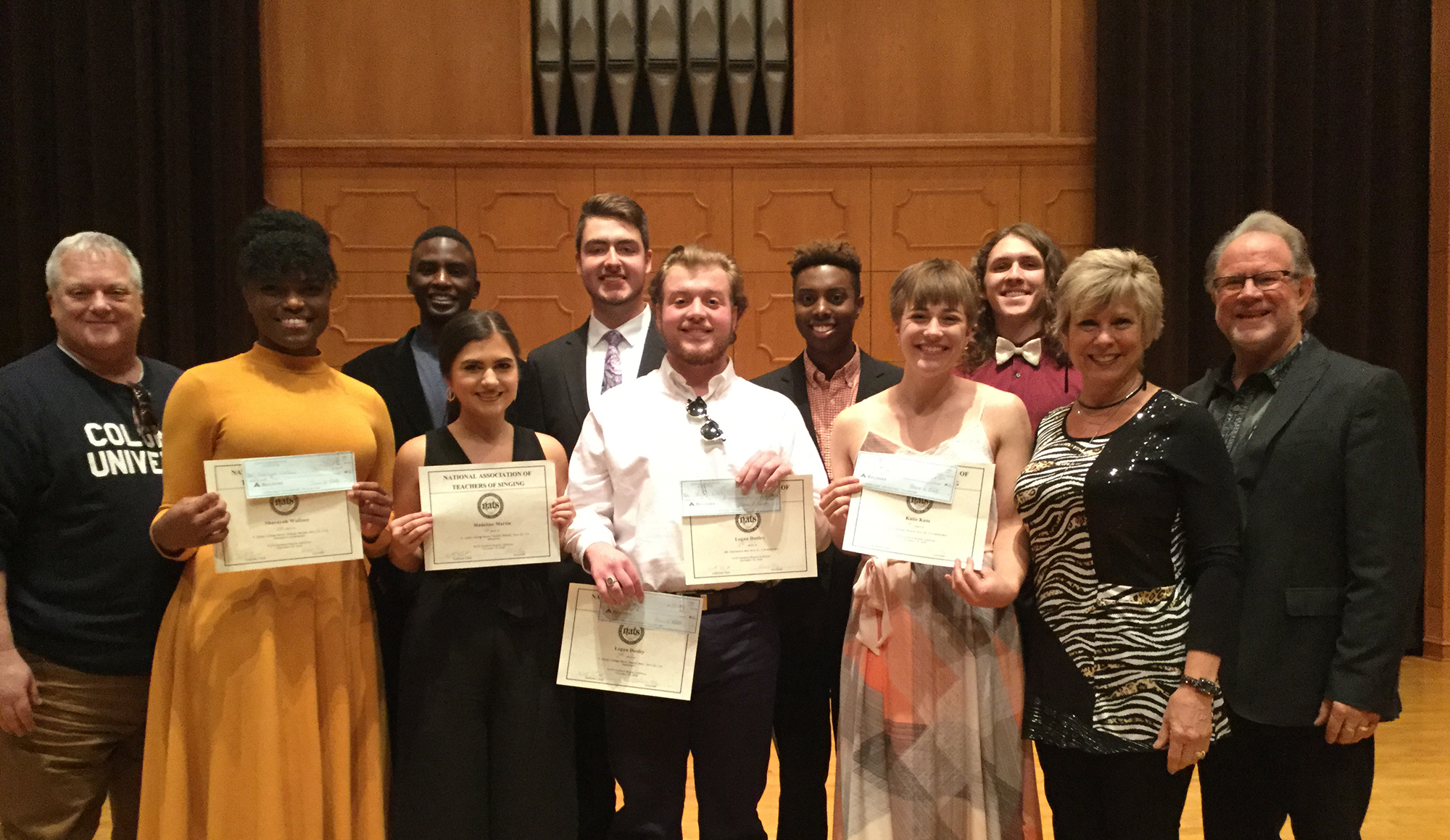 Several Ouachita students earned finalist honors at the recent Southern Region NATS auditions. Joined by faculty members John Alec Briggs, far left, and Glenda and Jon Secrest, far right, some of the student competitors included, from left: Sharayah Wallace, Dean Carmona, Madeline Martin, Clay Mobley, Logan Dooley, Cameron Connor, Katie Kuss and Payton Hickman.