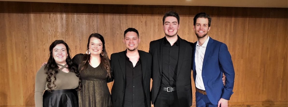 The winners of the 2019 Shambarger Competition for Singers are (from left) Melodie DuBose – honorable mention, Michaela Finley – fourth place, Zachary Myers – third place, Clay Mobley – second place, and Micah Brooks – first place.