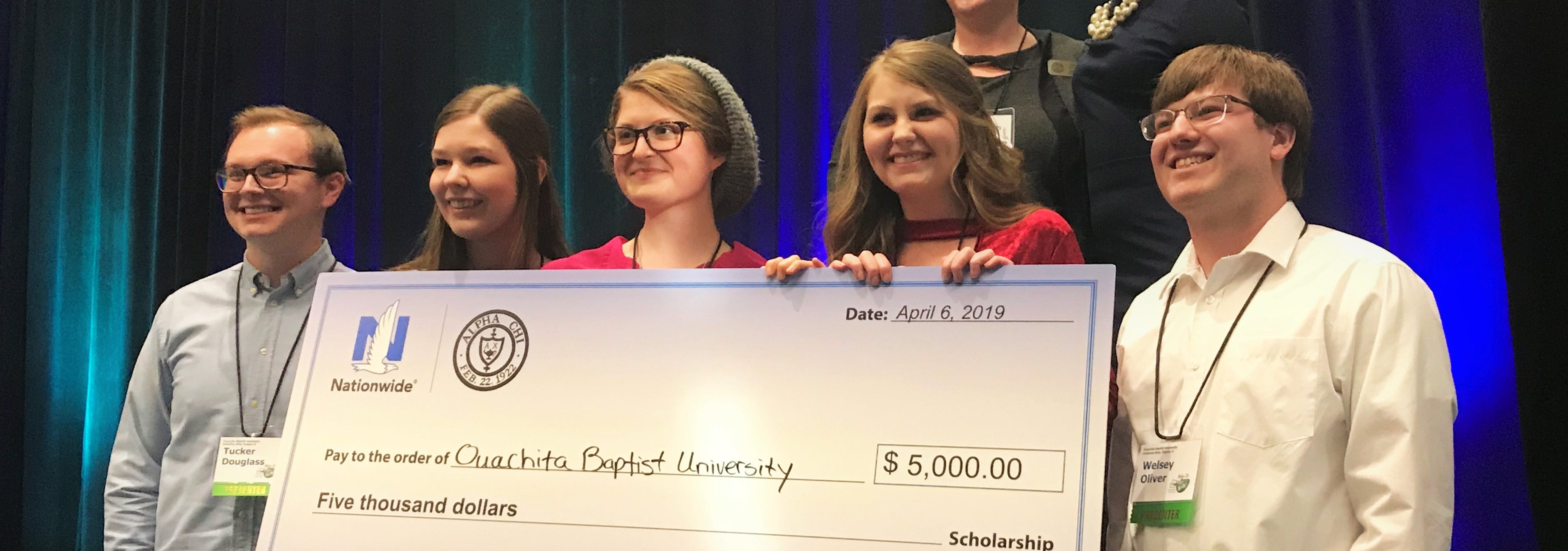 Ouachita students (from left) Tucker Douglass, Lauren Lovelady, Lesley Howard, Jessica Cook and Wesley Oliver received first place in the Collaborative Research Project competition at Alpha Chi’s national conference for their work “Art, Age and Apartheid.”