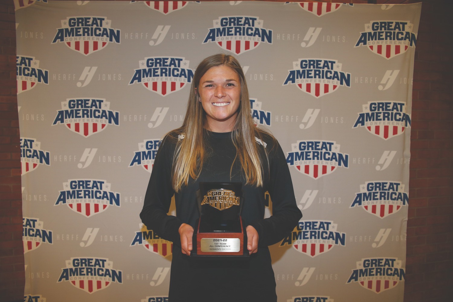 Jaymee Dotson was presented her fourth consecutive first team all-conference award this past November at the Great American Conference women’s soccer championship tournament. Photo courtesy of the GAC.