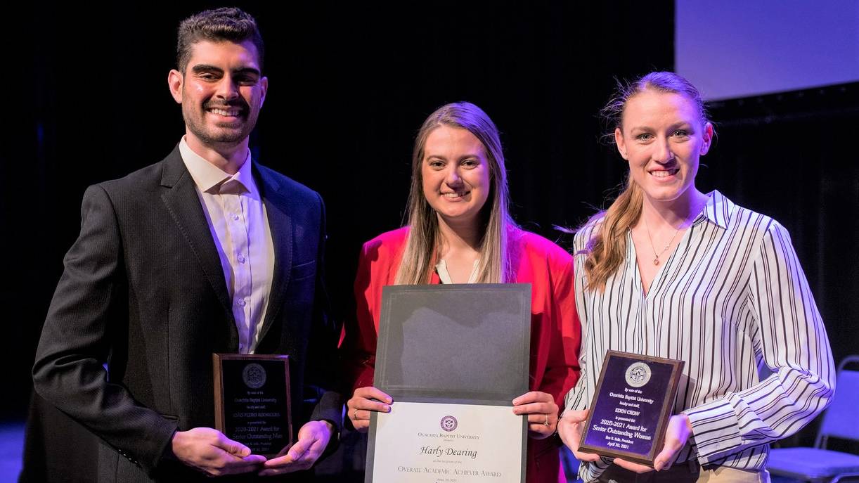 Ouachita's 2021 top academic achiever Harly Dearing (center) and Outstanding Senior Man Joao Rodrigues (left) and Outstanding Senior Woman Eden Crow (right)