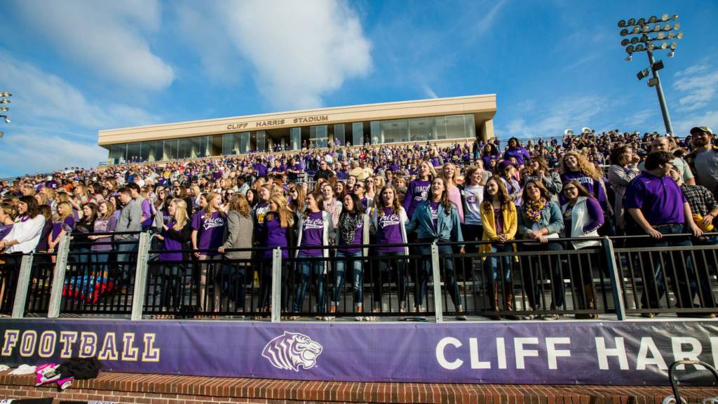 Ouachita students cheer in the stands of Cliff Harris Stadium